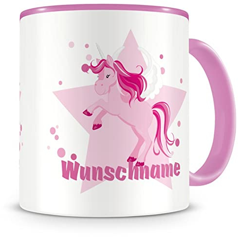 Samunshi® Kindertasse mit Namen großes rosa Einhorn Tasse Personalisierte Tasse mit Namen Kinder Kinderbecher personalisierter Text Namenstasse Kindergarten rosa 300ml