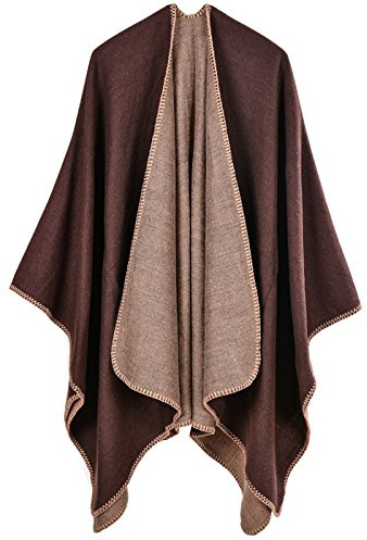 Cape Poncho Femme Foulard Couverture Chaude Vintage Rétro Châle Ouverture Grande Taille Ample Uni Vest Epais à Genou Automne Hiver Couleur Café/Marron - 130*150cm