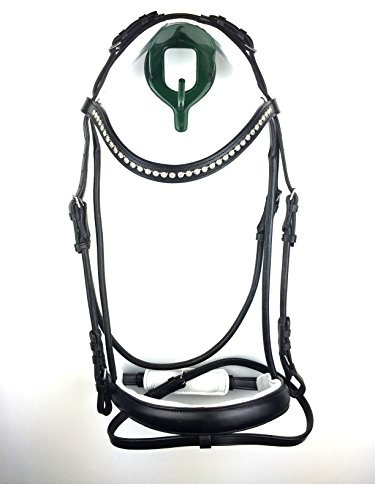 gs-sports Trense, Trensenzaum teilweise rundgenäht mit schwedischem Reithalfter, geschwungenem Stirnband mit Großen Steinchen besetzt (Warmblut, schwarz/silberfarben)