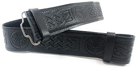 Black Leather Scottish Highland Kilt Belt With Thistle Embossed Design