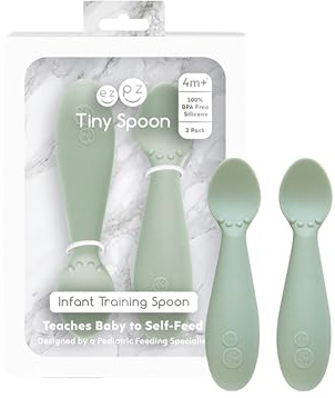 ezpz Tiny Spoon (2 Pack in Sage) - 6 Months+ - 100% Silicone Spoon for Baby Led Weaning + Purees - Designed by a Pediatric Feeding Specialist - Shower Essentials & Gifts