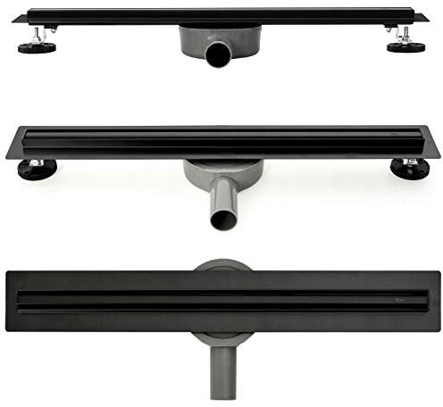VBChome Duschrinne 60 cm SLIM Schwarz – Flacher Bodenablauf, doppelseitiger Ablauf, selbstreinigender Siphon mit Geruchsstop – Edelstahl Duschablauf Komplettset 60-100 cm für modernes Badezimmer