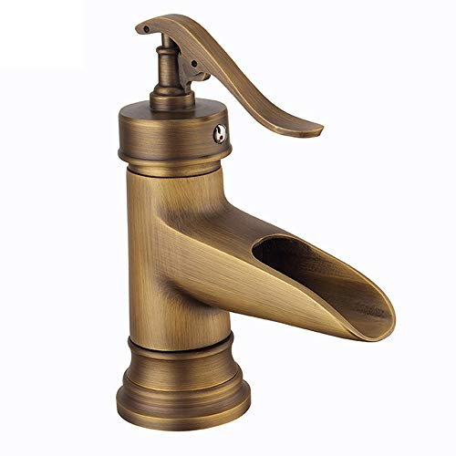WRISCG Nostalgie Wasserfall Wasserhahn Bad Wasserhahn Retro Waschtischarmatur Einhebel Mischbatterie Waschbecken Armatur Einhandmischer Waschtischbatterie f.Badezimmer aus Messing Gebürsteter,A