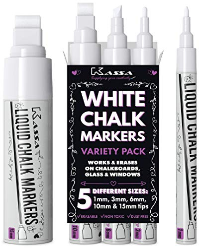 Kassa Chalk Markers - 5 Pack, White, 1mm/3mm/6mm/10mm/15mm Tips - Erasable Liquid Chalk Pens for Chalkboard, Glass & Windows - Dust-Free, Washable