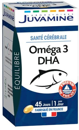 JUVAMINE - Oméga 3 - DHA - Santé Cérébrale - Santé des yeux - Nutriments Essentiels - Compléments Alimentaires - Friends of the Sea - 45 capsules - Fabriqué en France