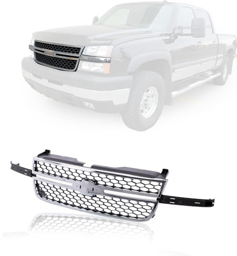 JustDrivably Front Grille Grill Chrome Frame Black Honeycomb Insert Compatible With Silverado 2003-2006 1500 HD / 2500 HD / 3500 &2007 1500 HD/2500 HD/ 3500 Classic GM1200546 (W/O Molding Trim)