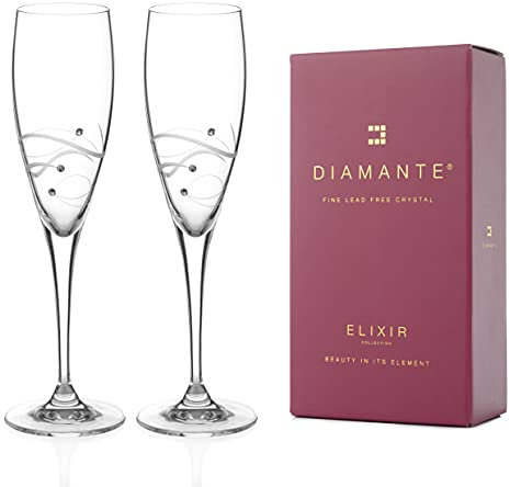 DIAMANTE Swarovski Champagne Flutes Prosecco Glasses Pair 'Chelsea Spiral' - Set of 2