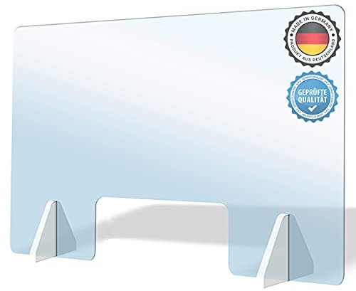 AtHaus® Spuckschutz Premium Quality Schutzscheibe aus Acrylglas 100 x 60 (BxH) cm mit Durchreiche 30x15 (BxH) cm Virenschutz Thekenaufsatz Trennwand Sichtschutz Spuck und Niesschutz