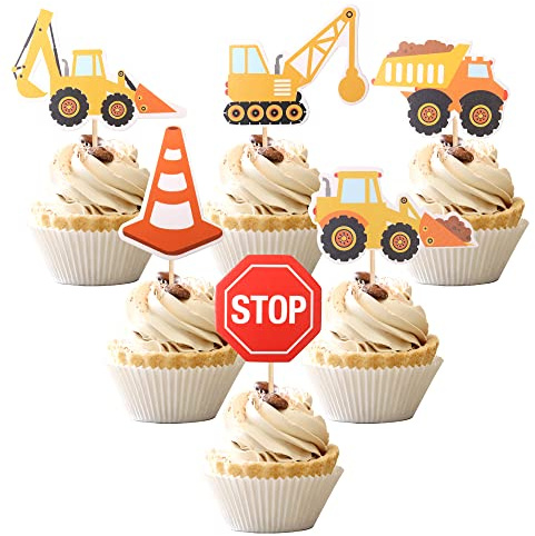 36 PCS Construction Cupcake Toppers Stop Sign Dump Truck Excavator Tractor Party Cake Food Picks Decorations for Construction Theme Baby Shower Kids Birthday Party Supplies