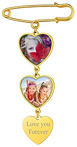 Custom4U Personalisierte 2x Foto Broschen für Damen Frauen Memorial Brautstrauß Fotoanhänger mit Bild Edelstahl Herz Brosche Clip Gold Memorial DIY Anstecker für Hochzeit Geburtstag Weihnachten