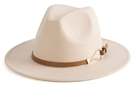 EOGIMI Fashion Women Wide Brim Fedora Floppy Panama Hat with Belt Buckle Beige