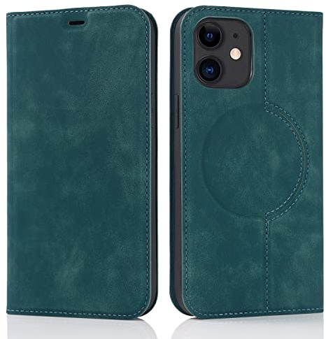 QLTYPRI Hülle für iPhone 12/iPhone 12 Pro Kompatibel mit MagSafe, Ledertasche Handyhülle [RFID Schutz] Flip Case mit Kartenhalter Ständer Magnet Klapphülle für iPhone 12/iPhone 12 Pro - Dunkelgrün