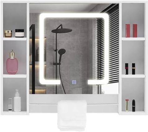 CLIPOP LED-Spiegelschrank, verstellbare Regale, Turmregal, weiß | Wandmontage, höhenverstellbar, für Badezimmer & Wohnzimmer, modernes Design, viel Stauraum, pflegeleicht 90×15×70 cm