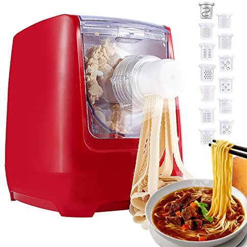 VOYADE Home Pasta Machine, 260W Electric Noodle Press, 13 Kinds of Molds, 3 Minutes Quick Pasta, Spaghetti Thin Noodles and Wide Noodles for Beginners,Red