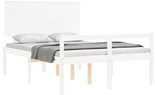 vidaXL Seniorenbett, Holzbett Bett mit Kopfteil Stauraum, Doppelbett für Senioren, Komfortbett Bettgestell mit Lattenrost, Schlafhöhe vom Boden 45cm, 120x200cm Weiß Massivholz