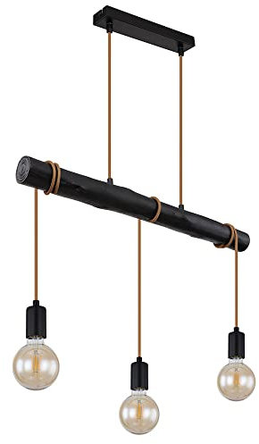 Hängelampe Esstisch Pendelleuchte schwarz Wohnzimmerlampe modern, Holzlampe 3-flammig Seil Höhe anpassbar, Metall, 3x E27 Fassung, LxBxH 60x5x120 cm