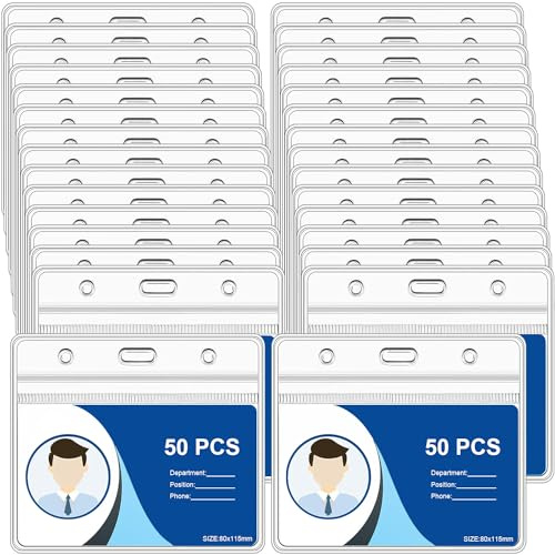 50pcs Plastic Card Holder for Lanyard, Horizontal Clear ID Card Holders, Waterproof Name Tag ID Badge Holders for Multiple Cards