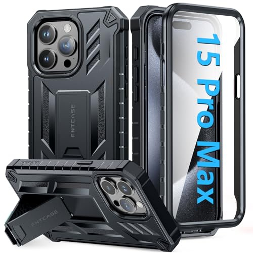 FNTCASE for iPhone 15 Pro Max Case Built-in Screen Protector and Kickstand | 20FT Military-Grade Drop Protection, Anti-Slip Matte Textured, Rugged Heavy Duty Shockproof TPU Protective Cover, Black