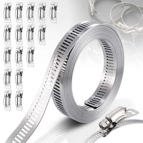 JIZZU 5M Schlauchschellen Edelstahl, 16 Stück Einstellbare Schraube Klemme | Rohrschellen Edelstahl Schlauchklemmen Schlauchclips Kit, für Wasser Rohr/Tank/Gas Rohr/Kühler/Automobil Tubing