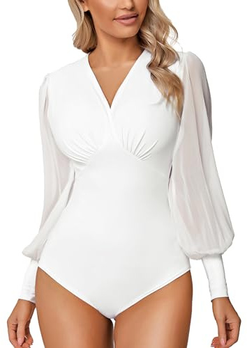 Litherday Damen Bodys Langarm Bodysuit für Damen Sexy Figurenformend Elegant Bodies Casual Langarmshirt Overall Blusenbody Top mit Durchsichtigen Laternenärmeln und V-Ausschnitt, Weiß, M