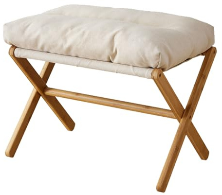 Moderne Multifunktionale Fußstütze mit Weichem Kissen für Wohnzimmer, Schlafzimmer, Büro, Fußhocker, Faltbarer Fußhocker mit X-Beinen Unter Dem Schreibtisch mit Beinen aus Massivholz(Beige)