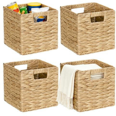 WEAVELYRICS 4 Pack 9in Wicker Storage Cubes, Water Hyacinth Baskets, Foldable Wicker Baskets, Storage Basket with Built-in Handles, Handwoven Natural Basket for Shelves, Outdoor