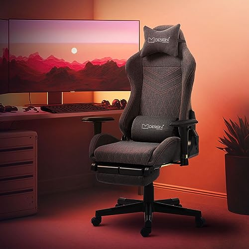 ML-Design Gaming Stuhl, Grau-Rot, Stoff, Ergonomischer Bürostuhl, Verstellbarer Drehstuhl, Racing Gamer Stuhl mit Armlehne, Kopfstütze, Lendenkissen, Fußstütze, Schreibtischstuhl Sportsitz Chefsessel