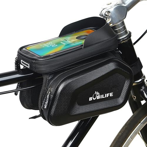 Bobilife Bolsa para Marco de Bicicleta con Soporte para Teléfono, Impermeable, 3 Litros, Negro, Geométrico, Montaje en Marco, Bicicleta