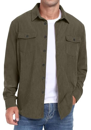 QIXING - Camicia da uomo in corduroy, button down, a maniche lunghe, shacket, giacca trucker, autunno inverno, con tasche a patta, Verde militare, L