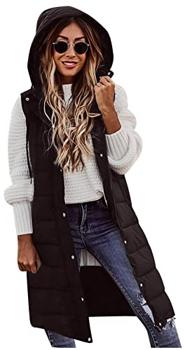 FUPODD Weste Damen Lang Mit Knöpfen Reissverschluss Winter Daunenweste Einfarbig Übergangsweste Stehkragen Longweste Winterweste Leichte Warm Gefüttert Pufferjacke Steppweste Parka Mit Kaputze
