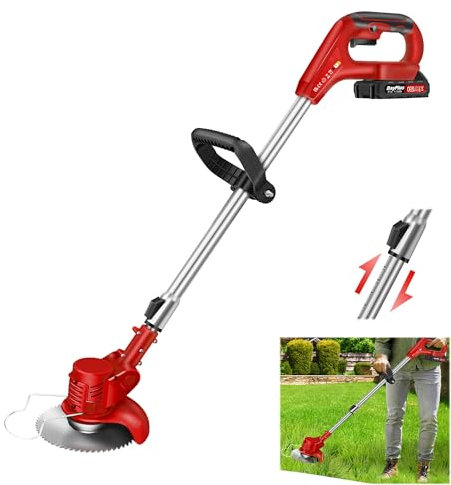 Cordless Strimmer Adjustable Garden Strimmer 1500 mAh Batteries, Strimmer Brush Cutter With Metal Blades Electric Strimmer Grass Trimmers For Garden Clearing - Red