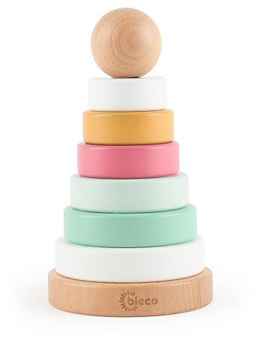 BIECO Torre impilabile Baby Berry | Legno sostenibile FSC® | 19 cm | Gioco a incastro da 1 anno di anelli impilabili in legno per bambini