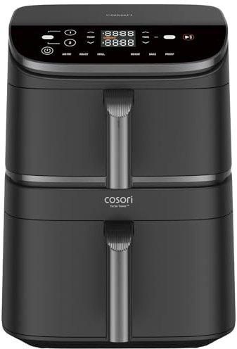 Cosori Turbo Tower Freidora de Aire 10.8L, True Inox Doble Cesta, Ahorra de Espacio, Alta Potencia de 2630W y Más Rápida, 6 Funciones, Comidas Siempre Balanceadas, Cocina sin Límites, Fácil de Limpiar