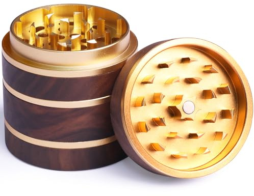 Holz Gewürzmühle mit Magnetdeckel, Feinsieb & Aluminiumkern, Ø 63 mm, Gold | Walnussholz-Gewürzmühle Ø63 mm mit Magnetdeckel, Feinsieb und Aluminiumkern für gleichmäßiges Mahlen