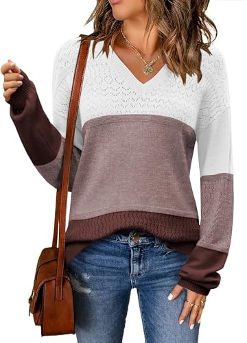 Zeagoo Pullover de Punto Mujer Cuello en V Ligero Invierno Suéter Manga Larga Suave Tejido Jersey Clásico Sweater Bloque de Color XXL