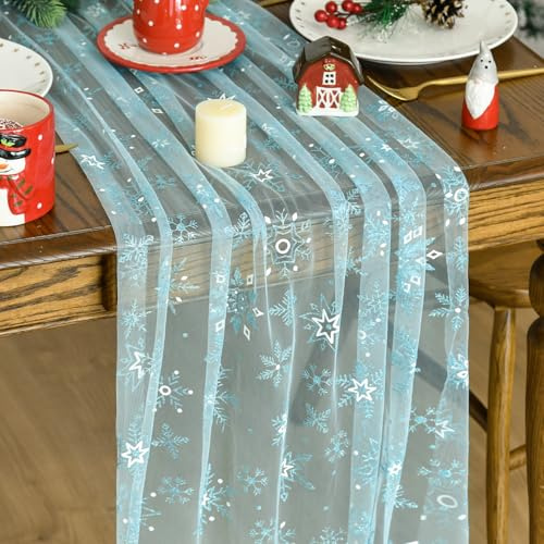 Artoid Mode Gaze Tüll Blau Schneeflocken Winter Tischläufer 70x300 cm, Weihnachten Küche Tisch Dekoration Drinnen Urlaub Party Dekor