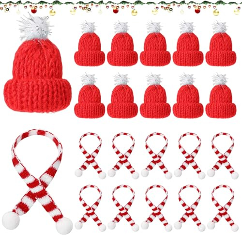 DTXYBC 20 Stück Mini Weihnachtsmütze und Schal Set, Weihnachtsmützen Klein Deko, Likörflaschen Weihnachten, Mini Mützen Zum Basteln, Weihnachtsmützen für Flaschen, Besteck, Party, Tischdeko