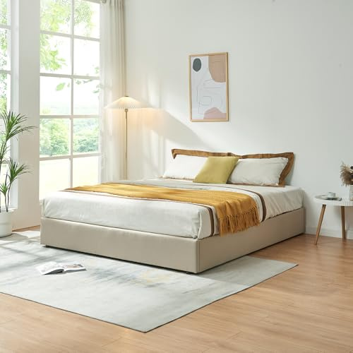 [en.casa] Polsterbett 160x200 cm NOLA mit Bettkasten Bettgestell und Lattenrost Bett mit Leinenbezug Doppelbett max. 500 kg Beige