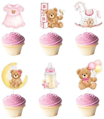 HUVZOR 24 Stück Cupcake Topper Babyparty Baby Shower Kuchen Cake Dekoration Taufe Papier Gender Reveal Party Zubehör Kommunion Tortendeko Kuchendekoraion Muffin Deko Tortenstecker Partydeko (Rosa)