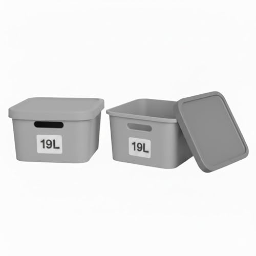Plastard Aufbewahrungsbox mit Deckel 2er-Set 19 Liter in Grau | BPA-Freie Ordnungsbox für Küche, Bad, Büro, Kinderzimmer, Robuste Stapelbare Kunststoffbox, 34 x 46 x 16 cm, Ordnungskiste