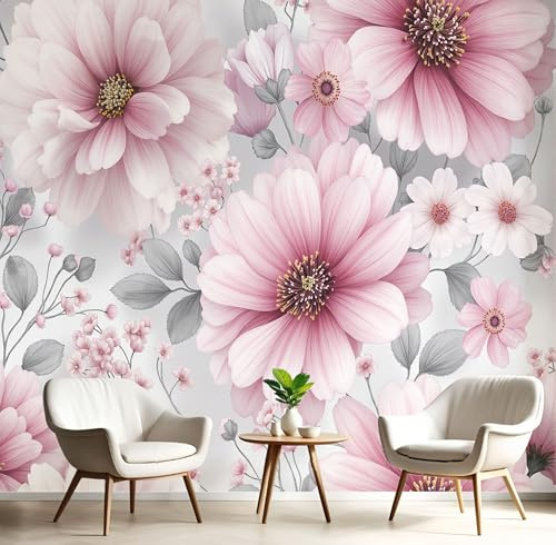 DLERFLOVR Carta da Parati Panoramica in Seta, 200x140cm, Fotomurali Stile Pastorale Retrò XXL Poster Gigante Fiori Ad Acquerello Decorazione da Muro per Soggiorno Camera Ristorante, Fard In Polvere
