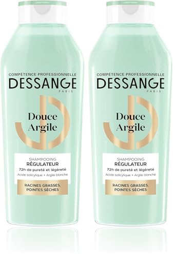 DESSANGE - Shampoing Régulateur Douce Argile - Formule Enrichie En Acide Salicylique & Argile Blanche - Purifie Les Racines & Adoucit Les Pointes - Racines Grasses & Pointes Sèches - 280ml (Lot de 2)
