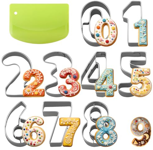 Number Cookie Cutters Set with Dough Scraper 2.5cm 0-9 Stainless Steel Fondant Biscuit Cutter Number Shaped Baking Tool for Pastry Cake Dough Decorating DIY Baking Valentine's Day Anniversary Birthday