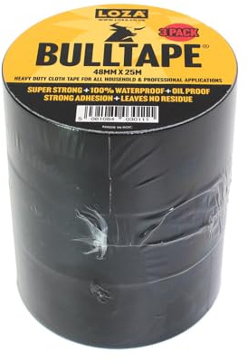 Loza Bulltape Black Cloth Duct Tape, 3 Rolls 48mm x 25m, Heavy Duty waterproof Gaffer Tape for Repairs, Packaging, Bundling, Carpet Fixing, DIY Projects, Events, Home, Office & Professional Use