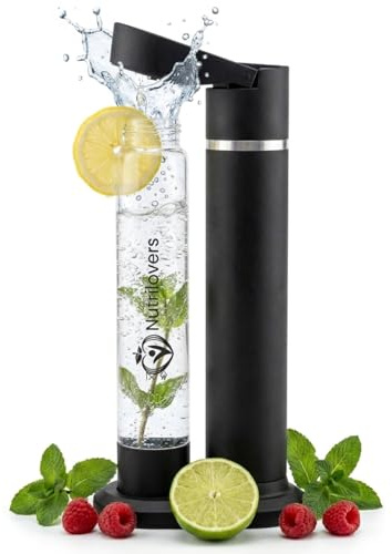 Nutrilovers® NUTRI-STREAM - Spruzzatore d'acqua in acciaio inox con finitura nera, bottiglia in PET di design, 100% senza BPA, compatibile al 100% con tutte le bombole di CO2 da 60 l, sistema