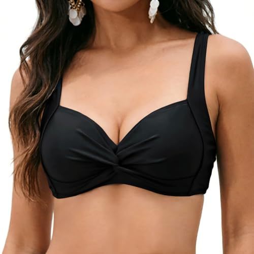 NLAND Haut de Bikini pour Femme Push-up Haut de Maillot de Bain Froncé et Torsadé Rétro Classique Hauts de Bikini，Noir，S