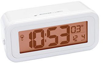 Bresser MyTime Amber Réveil Radio-piloté DCF Avec Rétro-éclairage Ambre Utilisable En Veilleuse La Nuit, Capteur De Luminosité (Piles), Alarme, Température, Blanc, 13 x 6 x 5 cm,
