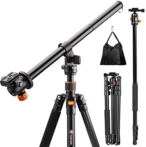 TARION Kamera Stativ mit Transversal Mittelsäule, Aluminium Fotostativ Reisestativ mit 360° Kugelkopf, Schnellwechselplatte und Stativtasche, Umbau in Einbeinstativ (Stativ+Auslegearm)