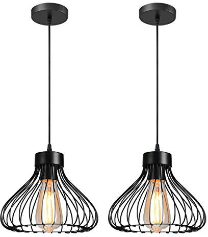 iDEGU 2 Piezas Lámparas de Techo Industriales Lámpara Colgante Estilo Vintage 23cm Pantalla de Metal en Forma de Jaula Negra Luz Colgante para Cocina Comedor Salón Bar Pasillo Restaurante (# Negro)