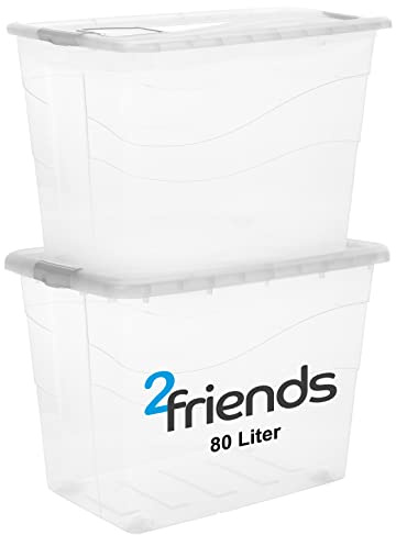 2friends Aufbewahrungsbox mit Deckel Groß XXL, 2 Stück Aufbewahrungsboxen, 80 L Boxen aufbewahrung, Kisten aufbewahrung mit Deckel, Rollen und Clip-Griffen, Plastikbox mit Deckel Groß, Model Adis
